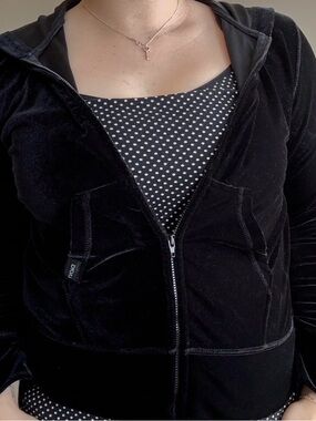 DKNY Petite Crushed Velvet Black Zip Up Hooded Jacket